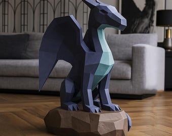Papercraft Dragon on a rock, DIY paper craft dragon template, 3D papercraft dragon PDF pattern,  low poly paper model sculpture dragon kit