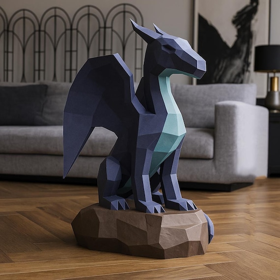 Papercraft Dragon on a rock, DIY paper craft dragon template, 3D papercraft dragon PDF pattern,  low poly paper model sculpture dragon kit