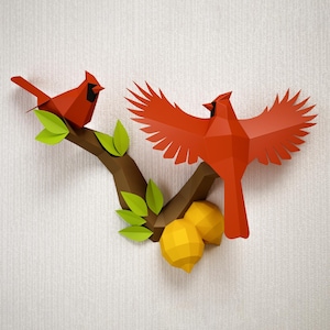 Uccelli di carta su un ramo con limoni, modello di carta low poly del cardinale settentrionale, modello PDF di carta artigianale, puzzle 3D stampabile, kit digitale
