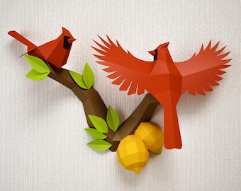 Papercraft Birds on a branch with lemons, Northern Cardinal low poly paper model, Paper craft PDF template, printable 3D puzzle, digital kit