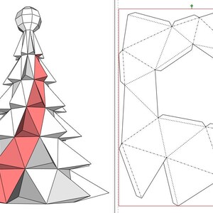 May include: A white and red paper Christmas tree model with a star on top. The image also shows a diagram of the tree's net, which is a flat pattern that can be folded to create the 3D model.