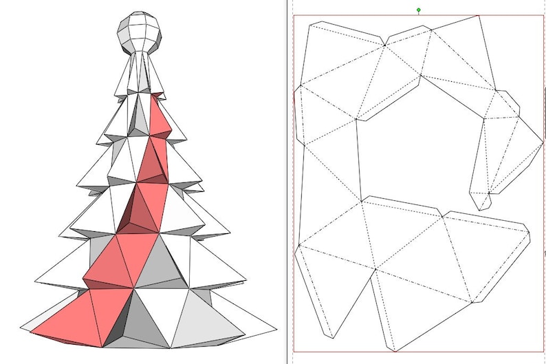 May include: A white and red paper Christmas tree model with a star on top. The image also shows a diagram of the tree's net, which is a flat pattern that can be folded to create the 3D model.