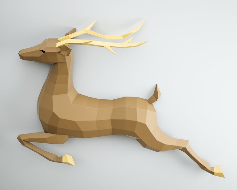 3D Papercraft Deer, Paper craft model stag, origami caribou, DIY kit doe, low poly hind, polygonal moose, roe trophy, animal template PDF image 4