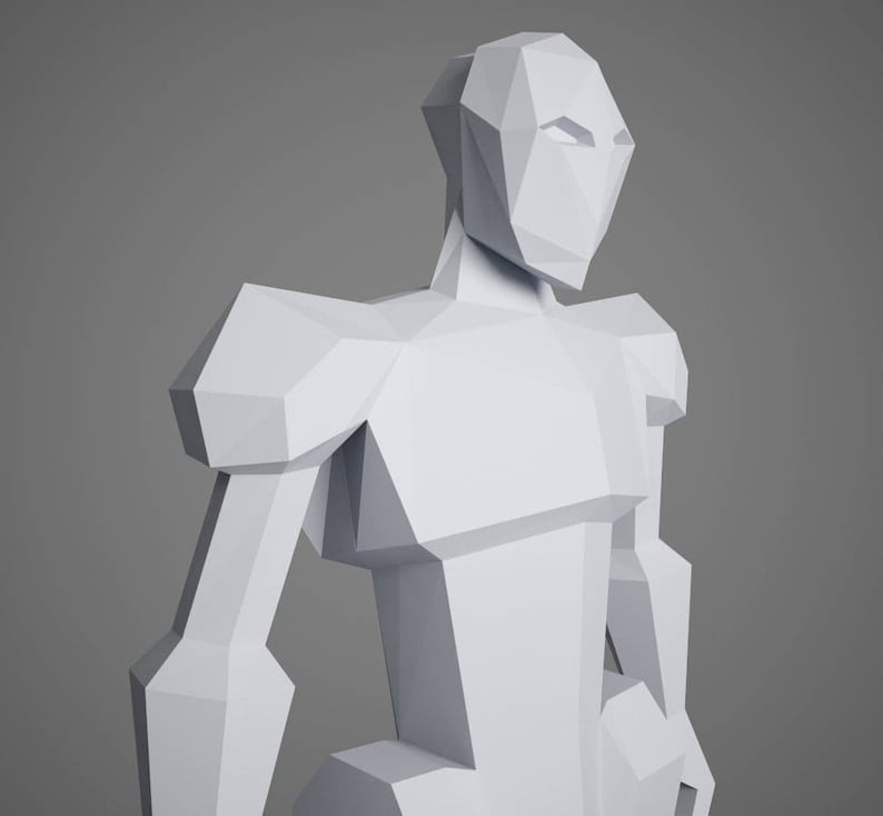 May include: A white, geometric, low-poly model of a person. The model is made of triangles and has a simple, stylized design.