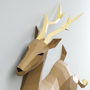 3D Papercraft Deer, Paper craft model stag, origami caribou, DIY kit doe, low poly hind, polygonal moose, roe trophy, animal template PDF image 3