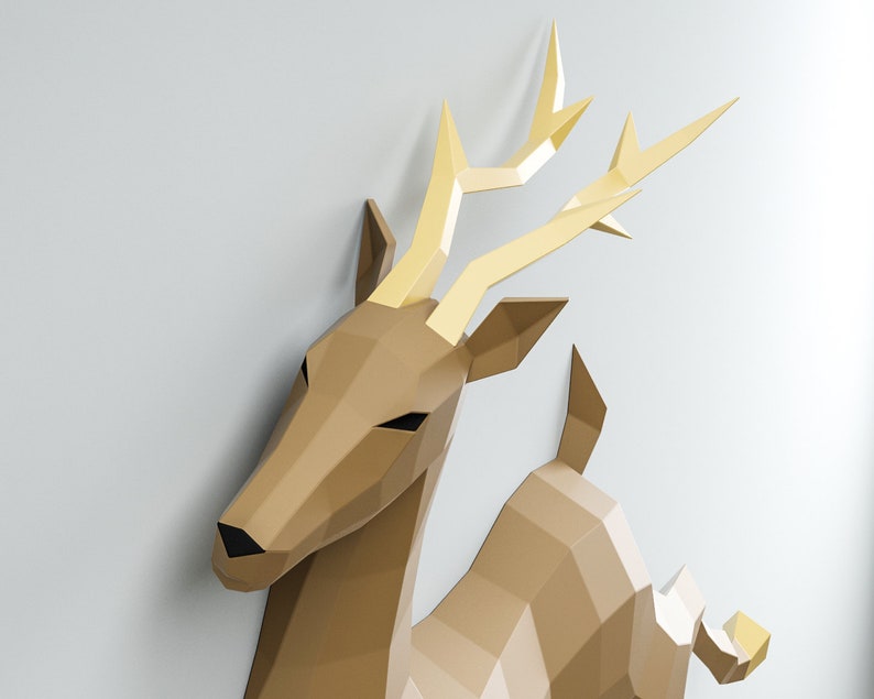 3D Papercraft Deer, Paper craft model stag, origami caribou, DIY kit doe, low poly hind, polygonal moose, roe trophy, animal template PDF image 3