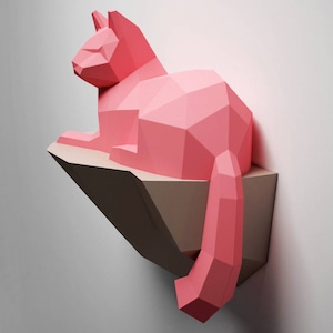 Papperspyssel Katt på en sten, Väggkonstruktion, 3D-papperspysselskulptur, Pappersmodell Katt, DIY-dekorationspresent, PDF-mönster, Djurtrofé, Pepakura bild 3