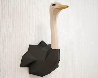 DIY Paper craft Ostrich, 3D papercraft animal trophy head, Low Poly bird, paper model sculpture, create your own camel-bird, printable PDF