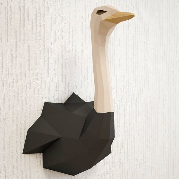DIY Paper craft Autruche, tête de trophée d'animal en papier 3D, oiseau Low Poly, sculpture modèle en papier, créez votre propre chameau-oiseau, PDF imprimable
