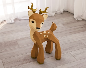3D Papercraft Fawn, Paper Craft Deer model, DIY sculpture, low poly animal pattern, PDF template, Roe deer baby model, Digital kit A4
