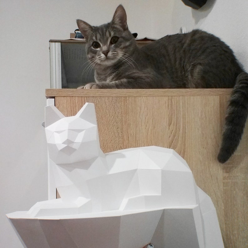 Papperspyssel Katt på en sten, Väggkonstruktion, 3D-papperspysselskulptur, Pappersmodell Katt, DIY-dekorationspresent, PDF-mönster, Djurtrofé, Pepakura bild 9