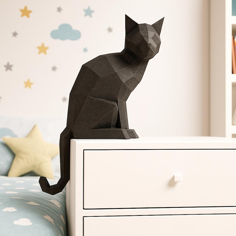 Gato de papel 3D, escultura DIY de gato sentado, manualidades de papel, animales de baja poligonización, modelo de papel, rompecabezas de origami 3D, kit de descarga instantánea en PDF imagen 1