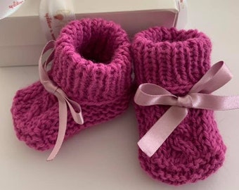 Patucos de punto para bebé, Regalo para bebé recién nacido, Patucos niña, Patucos rosas