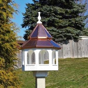 Large Bird Feeder Copper roof bird feeder Double roof bird feeder Amish handmade CEDAR STAIN Made in USA WHITE AND COPPER