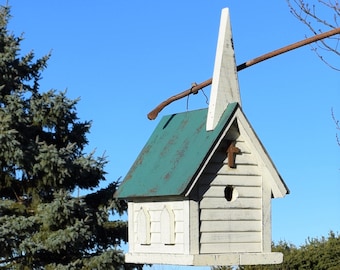 CHURCH BIRDHOUSE hand made Amish green roof large reclaimed materials