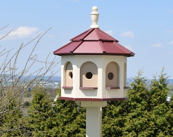 LARGE Poly Gazebo Birdhouse | 8 rooms | Amish Handmade | Made in USA | Ivory & Burgundy red