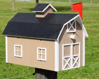 Barn Mailbox | Amish Mailbox | Amish Handmade| tan and black with white trim, red Flag