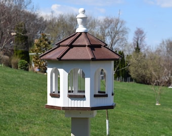 SMALL Poly Gazebo Arched Bird Feeder | OCTAGON | Amish Handmade | Made in USA | White & Brown