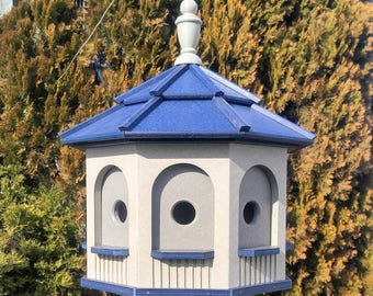 LARGE Poly Gazebo Birdhouse | 8 rooms | Amish Handmade | Made in USA | Gray & Blue (darker inner wall)
