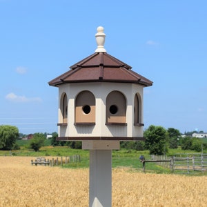 LARGE Poly Gazebo Birdhouse | 8 rooms | Amish Handmade | Made in USA | Ivory & Brown (Clay inner wall)