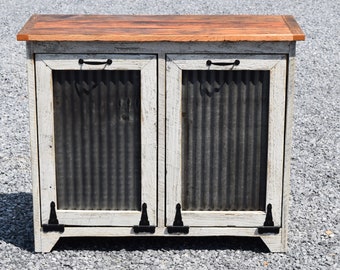 Rustic Reclaimed Wood Double Trash Can Cabinet | Amish Handmade