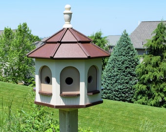 LARGE Poly Gazebo Birdhouse | 8 rooms | Amish Handmade | Made in USA | Ivory & Brown (darker inner wall)