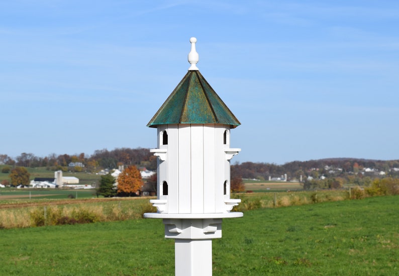 Copper roof birdhouse 6 holes Spruce wood bird house Amish handmade Made in USA Patina Copper Roof