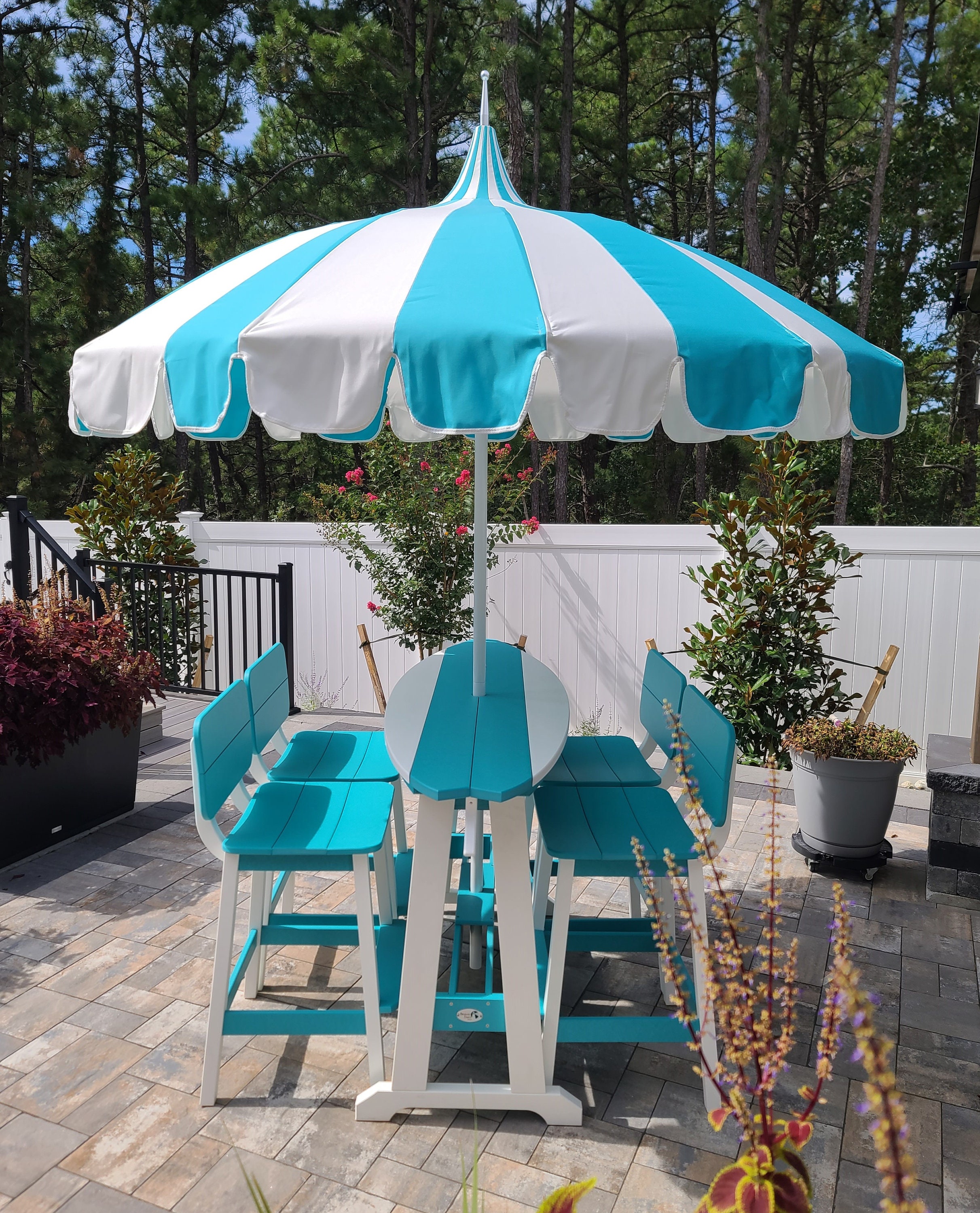 Surfboard Bar Table Set | Outdoor furniture | Amish handmade | Made in USA. UMBRELLA not included Eco-friendly | Poly Lumber