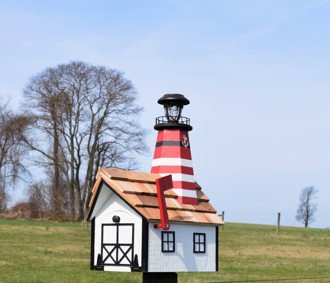 Amish Handmade Lighthouse Mailbox With Solar Light | Cedar Shake Roof ...