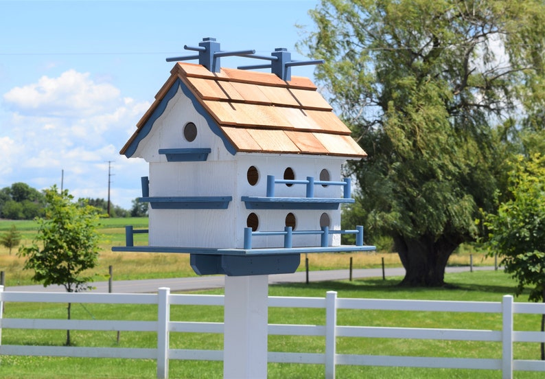 以下が含まれることがあります： 茶色の屋根瓦が付いた白と青の鳥小屋。鳥小屋は複数の区画に分かれており、白い柱に取り付けられています。