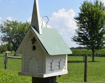 Birdhouse CHURCH BIRDHOUSE Reclaimed materials Amish Handmade Green  Roof