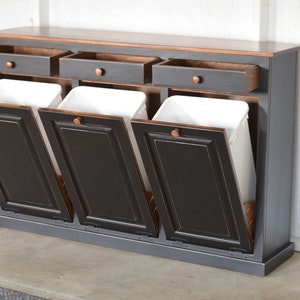 Amish trash can cabinet | Triple trash bin | Amish furniture laundry hamper