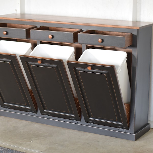 Amish Handmade Triple Trash Can Cabinet | Pinewood Tilt-Out Bin