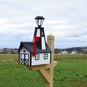 Lighthouse Mailbox Solar Light Amish Handmade White and Black Checkered ...