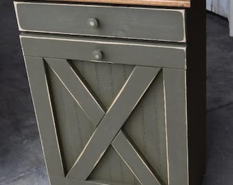 Amish Handmade Trash Can Cabinet | Olive & Walnut, Rustic Wood Bin