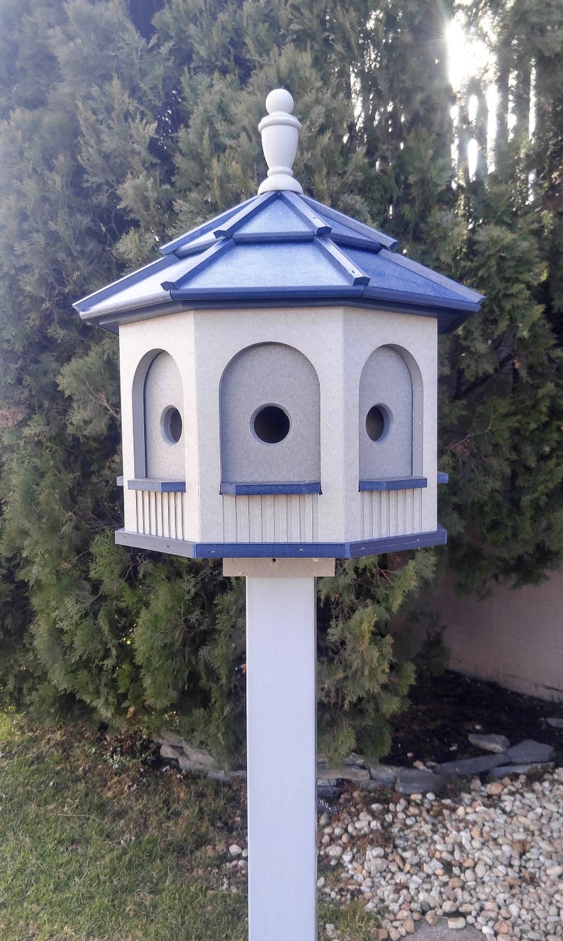 LARGE Poly Gazebo Birdhouse 8 rooms Amish Handmade Made in USA Gray & Blue darker inner wall image 3