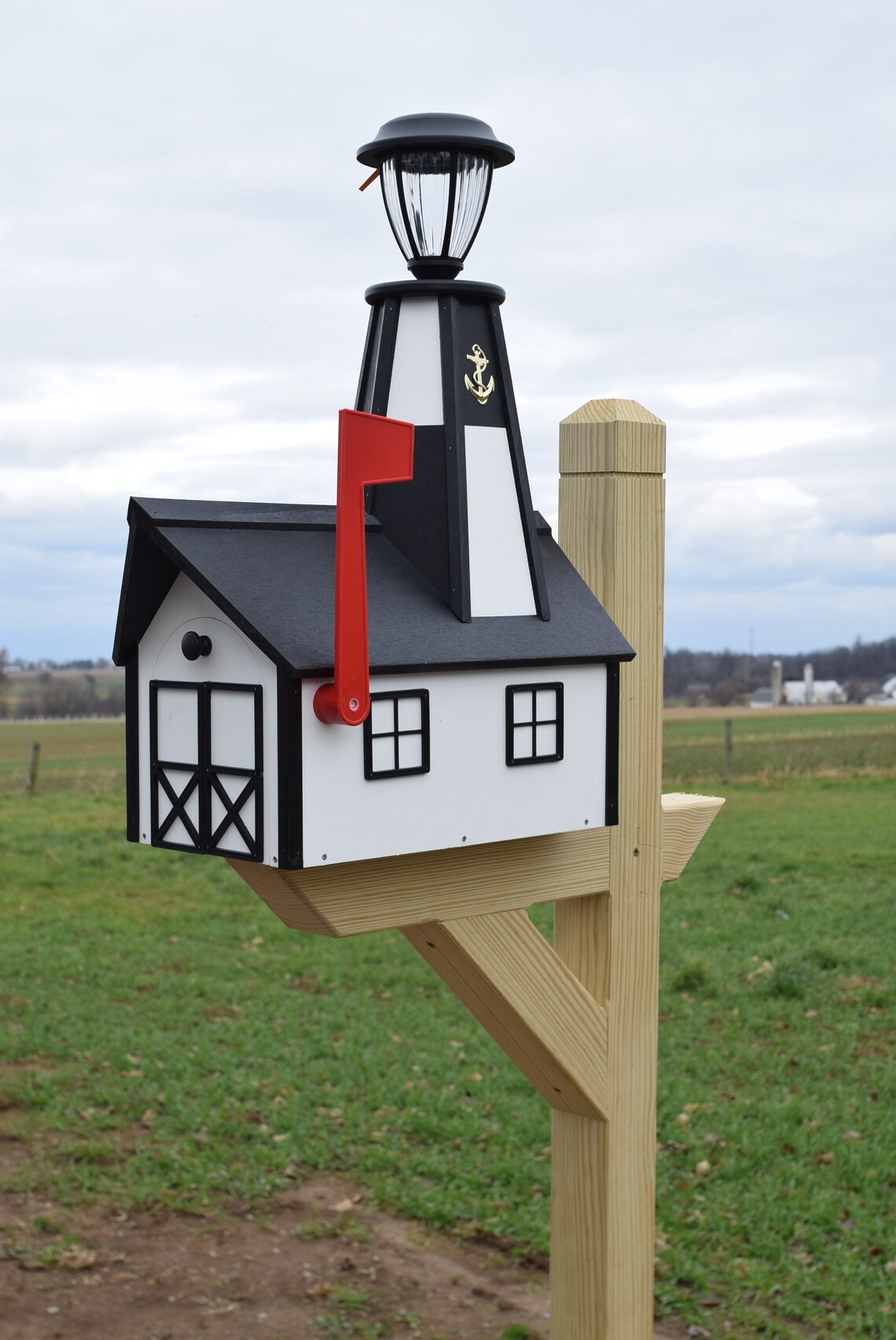 Lighthouse Mailbox Solar Light Amish Handmade White and Black Checkered ...