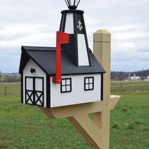 Lighthouse Mailbox Solar Light Amish Handmade White and Black Checkered ...