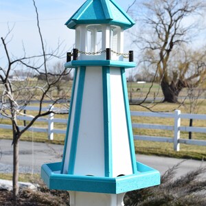 May include: A white and turquoise birdhouse shaped like a lighthouse with a white roof and a gold chain. The birdhouse is mounted on a white post.