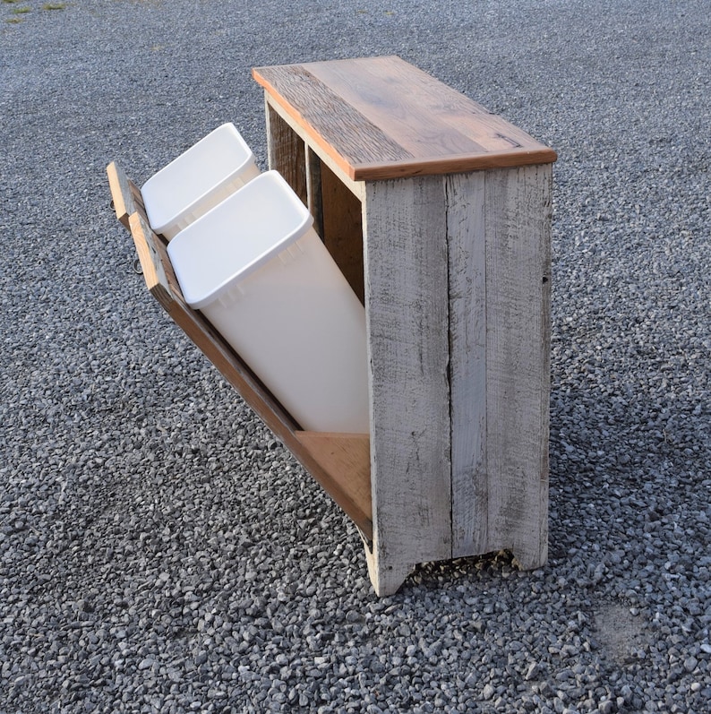 Distressed Double Trash bin Reclaimed wood Double tilt out trash bin two 12.5 gallon Plastic trash can not Included