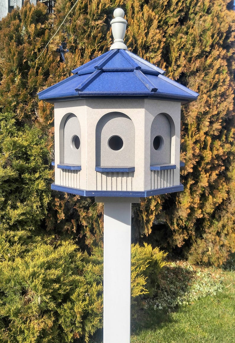 LARGE Poly Gazebo Birdhouse 8 rooms Amish Handmade Made in USA Gray & Blue darker inner wall image 1