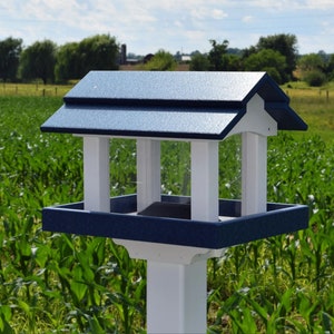 May include: A blue and white bird feeder with a roof and a clear plastic feeding area. The feeder is mounted on a white pole and is in a field of green corn.