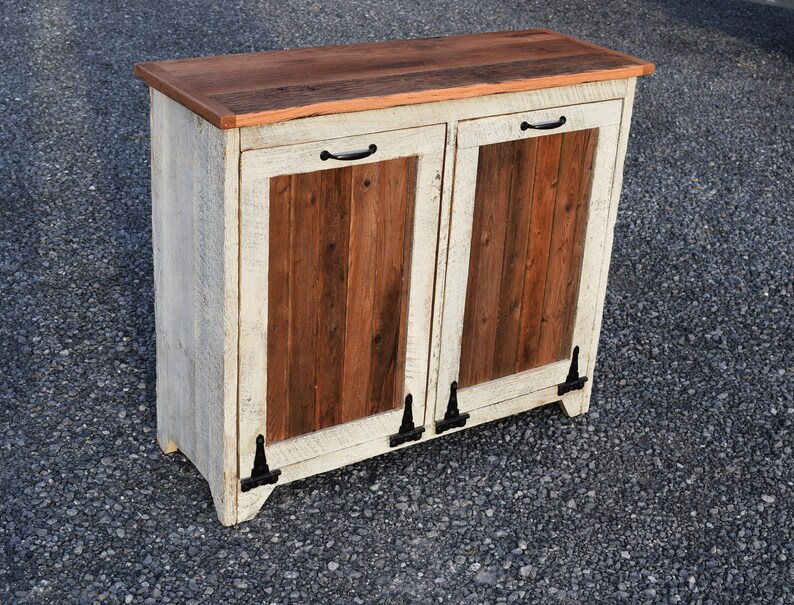 Distressed Double Trash bin Reclaimed wood Double tilt out trash bin two 12.5 gallon Plastic trash can not Included
