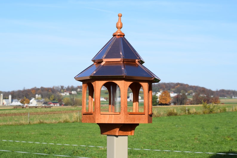 Large Bird Feeder Copper roof bird feeder Double roof bird feeder Amish handmade CEDAR STAIN Made in USA CEDAR AND COPPER