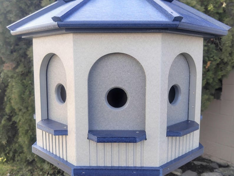 LARGE Poly Gazebo Birdhouse 8 rooms Amish Handmade Made in USA Gray & Blue darker inner wall image 4