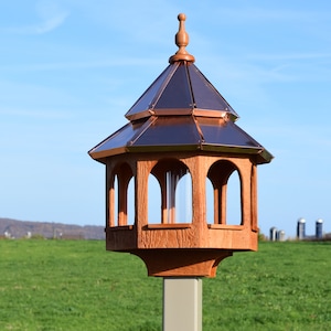 Large Bird Feeder Copper roof bird feeder Double roof bird feeder Amish handmade CEDAR STAIN Made in USA zdjęcie 2