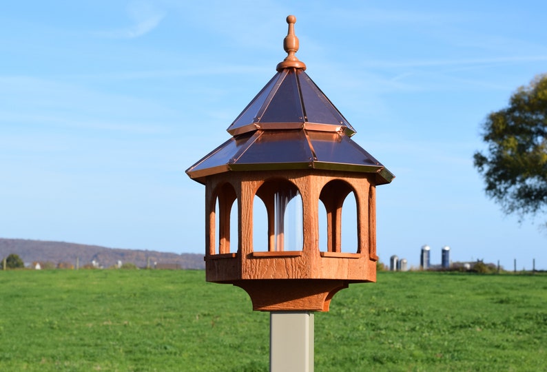 Large Bird Feeder Copper roof bird feeder Double roof bird feeder Amish handmade CEDAR STAIN Made in USA zdjęcie 2