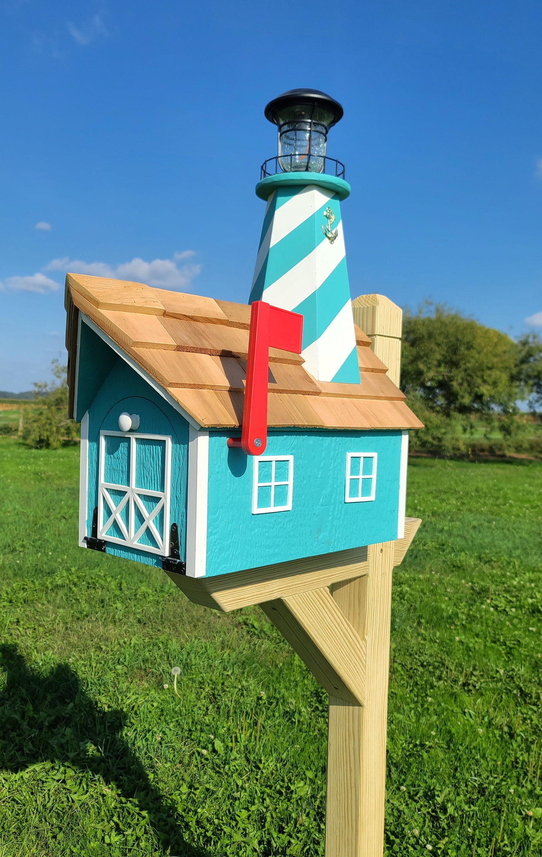 Amish Handmade Lighthouse Mailbox With Solar Light | Cedar Shake Roof ...