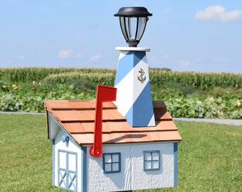 Amish Mailbox | Lighthouse Mailbox |  Solar Light | Amish Handmade WHITE AND light BLUE