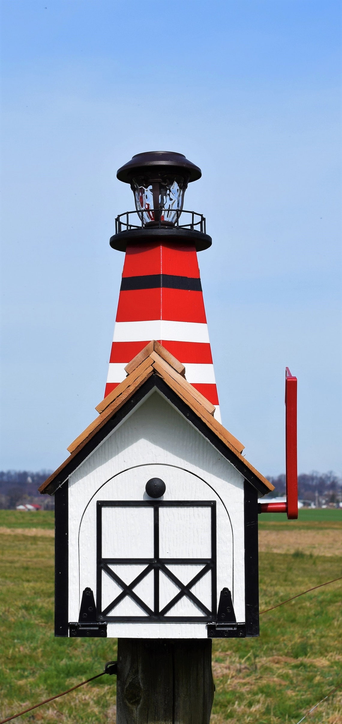 Amish Handmade Lighthouse Mailbox With Solar Light | Cedar Shake Roof ...